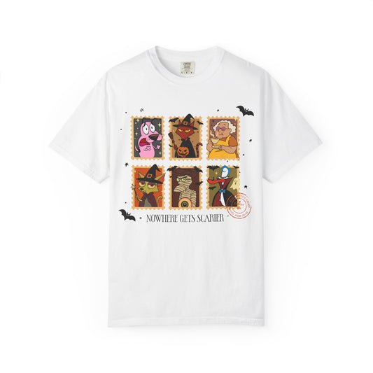 Cowardly Cartoon Dog Halloween T-Shirt , Spooky Postcard Edition, Unisex Tee, Scary Cartoon Graphic Top, Vintage Style Horror Shirt