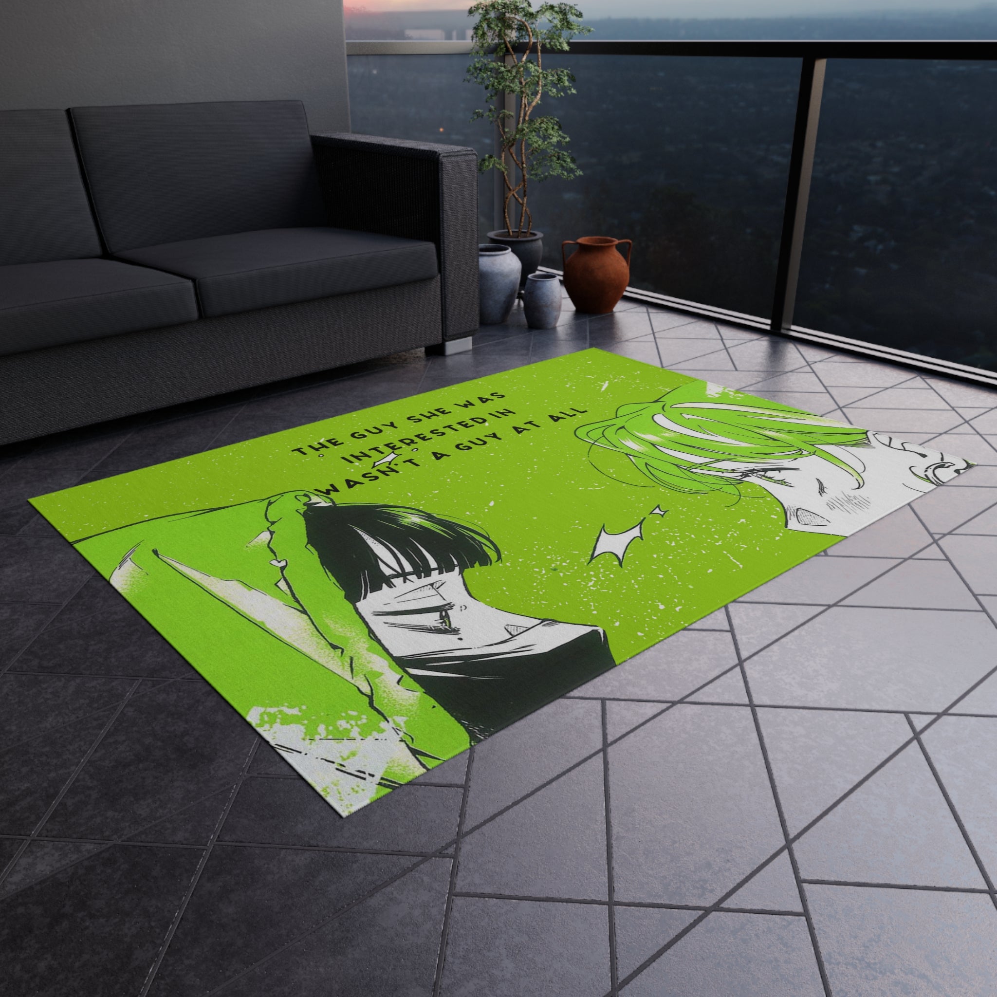 Vibrant Outdoor Rug The Guy She Was Interested In Wasn't A Guy - Unique Rug for Indoor/Outdoor Use, Mitsuki, Aya, Anime Yuri, Green Anime