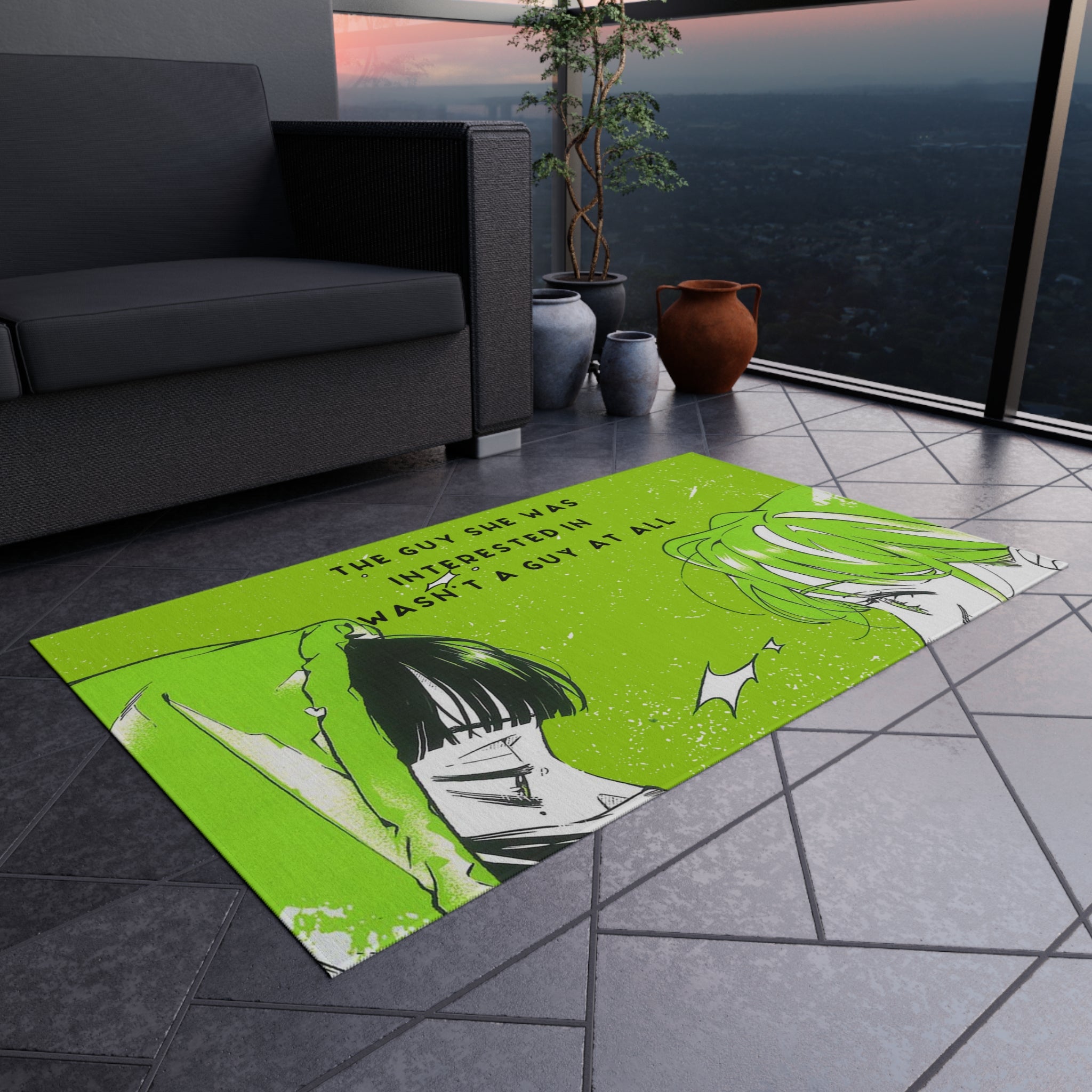 Vibrant Outdoor Rug The Guy She Was Interested In Wasn't A Guy - Unique Rug for Indoor/Outdoor Use, Mitsuki, Aya, Anime Yuri, Green Anime