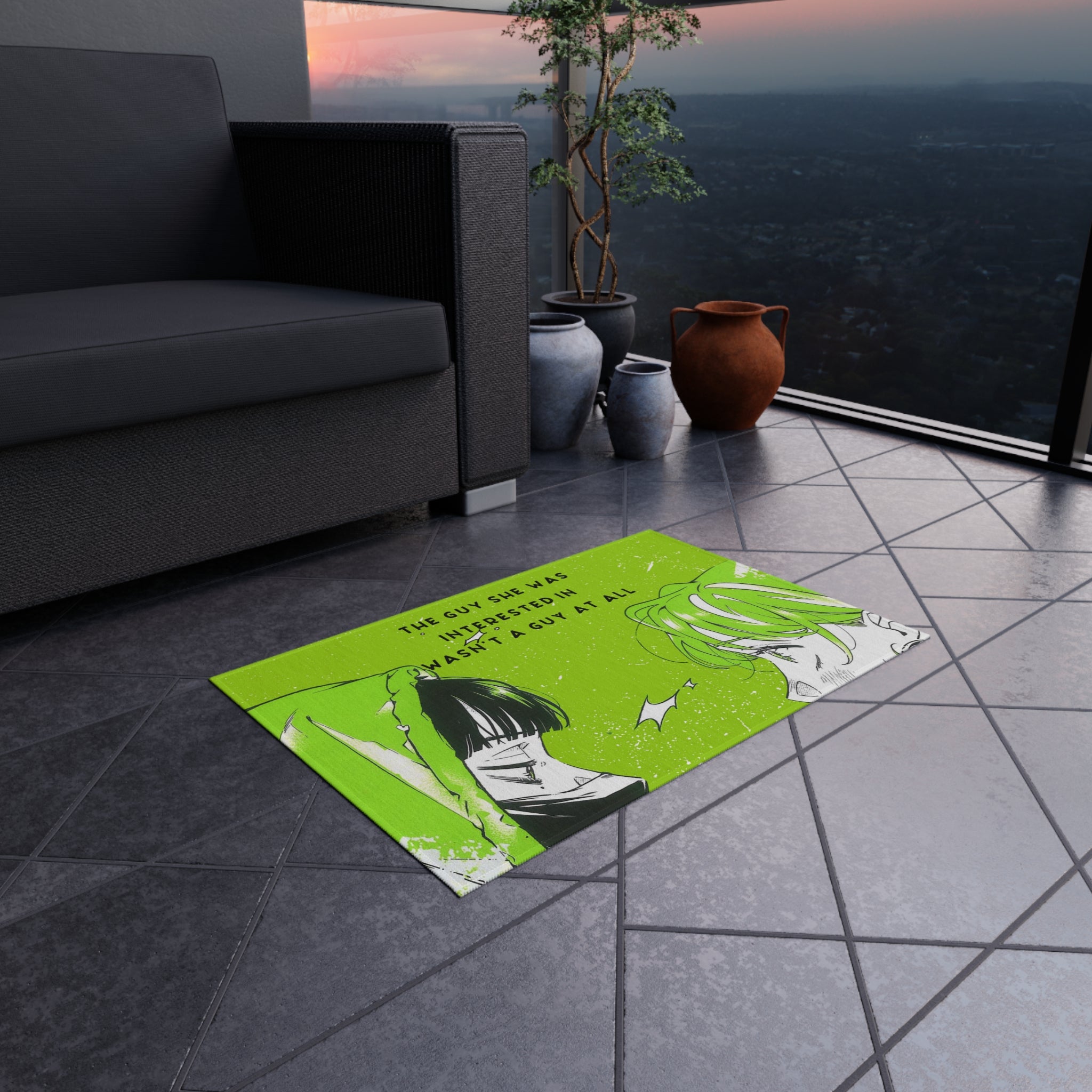 Vibrant Outdoor Rug The Guy She Was Interested In Wasn't A Guy - Unique Rug for Indoor/Outdoor Use, Mitsuki, Aya, Anime Yuri, Green Anime