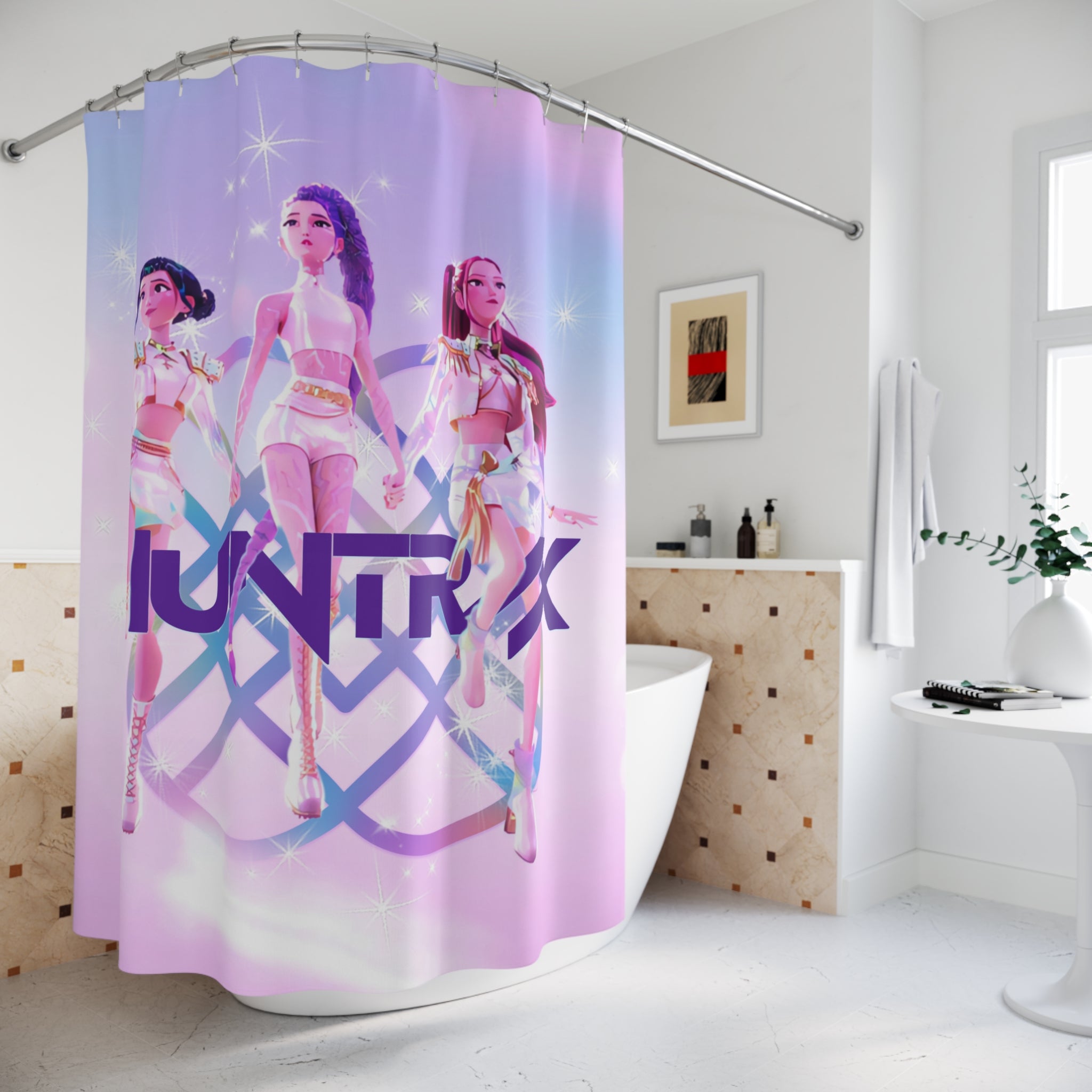 K-Pop Inspired Girl Demon Hunter Shower Curtain, Bath Decor, Colorful Bathroom Curtain, Dark Fantasy Idol Illustration