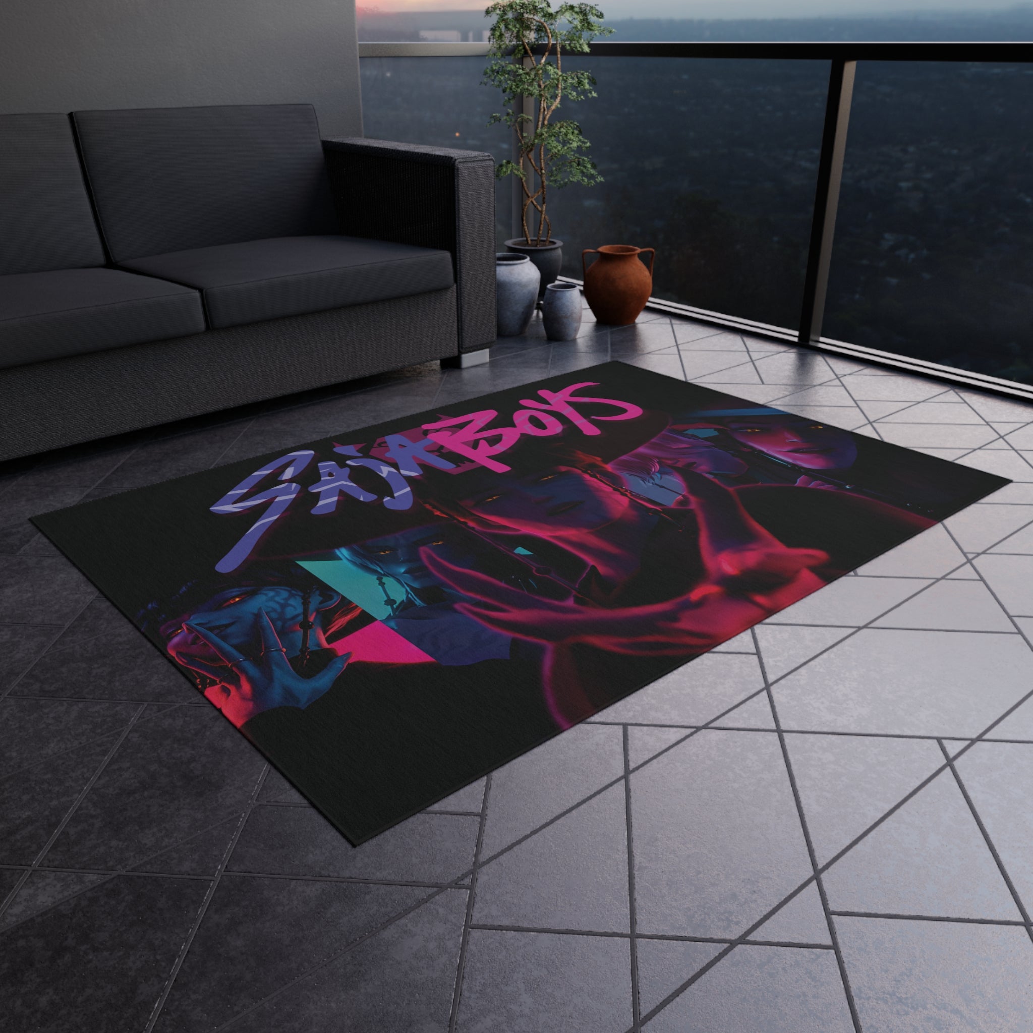 Vibrant Outdoor Rug: Dark Idol Demon Hunter - Unique Rug for Indoor/Outdoor - Soda Pop Idol, K-Pop Inspired Fantasy Character, anime