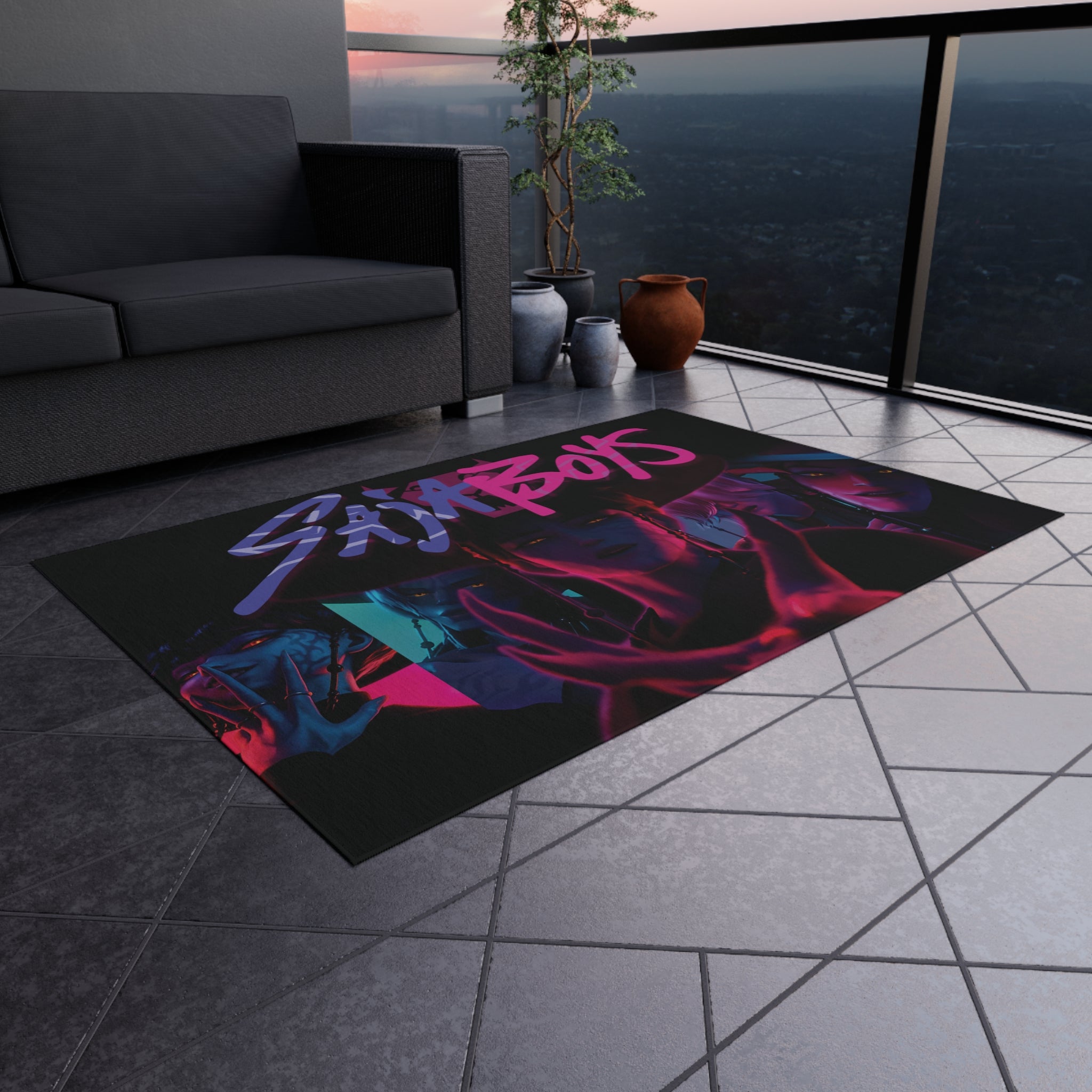 Vibrant Outdoor Rug: Dark Idol Demon Hunter - Unique Rug for Indoor/Outdoor - Soda Pop Idol, K-Pop Inspired Fantasy Character, anime