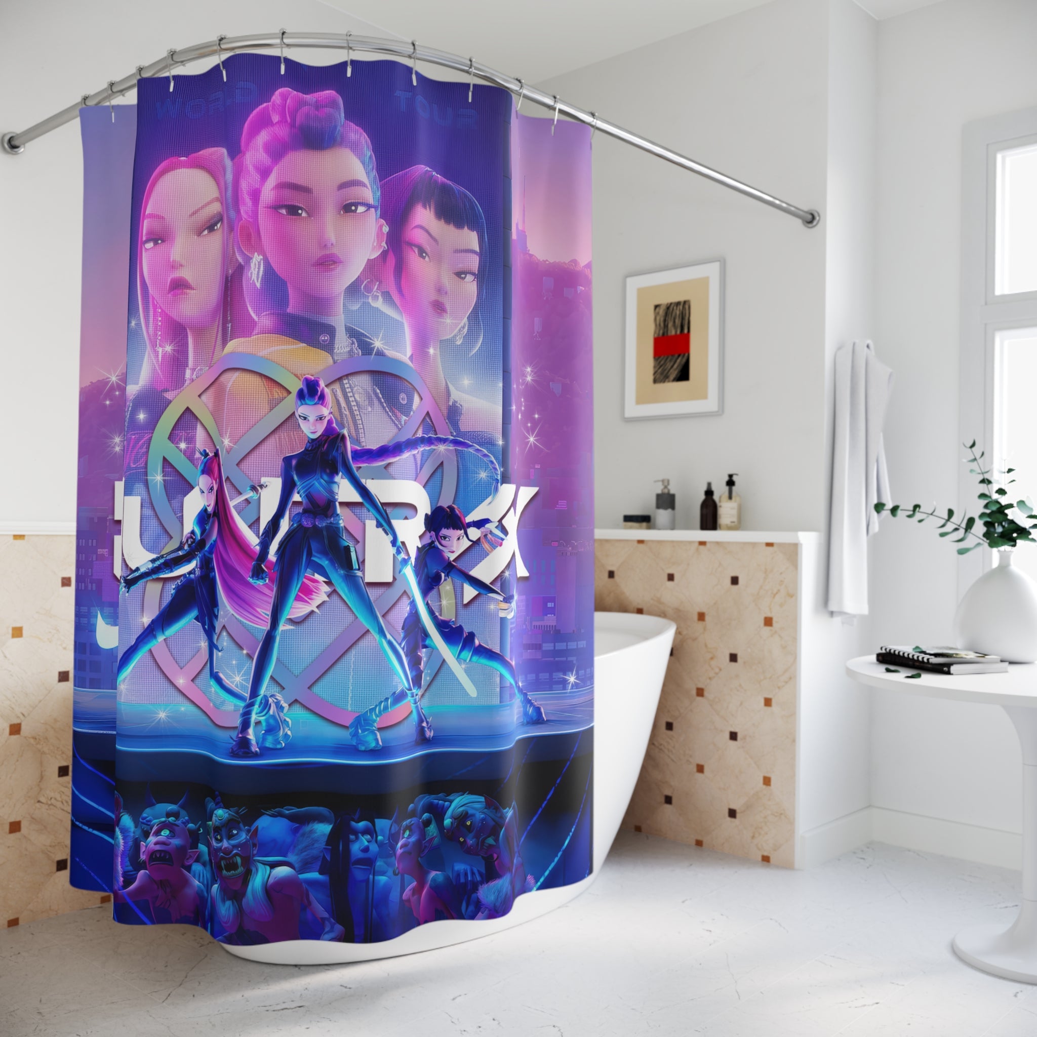 Dark Fantasy Idol Illustration Shower Curtain, Bath Decor, Colorful Bathroom Curtain, K-Pop Inspired Girl Demon Hunter