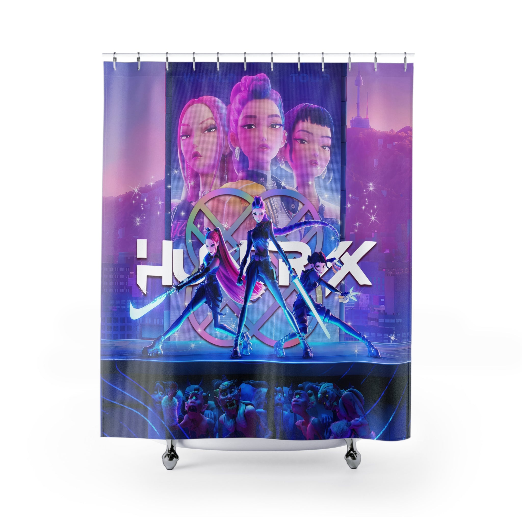 Dark Fantasy Idol Illustration Shower Curtain, Bath Decor, Colorful Bathroom Curtain, K-Pop Inspired Girl Demon Hunter