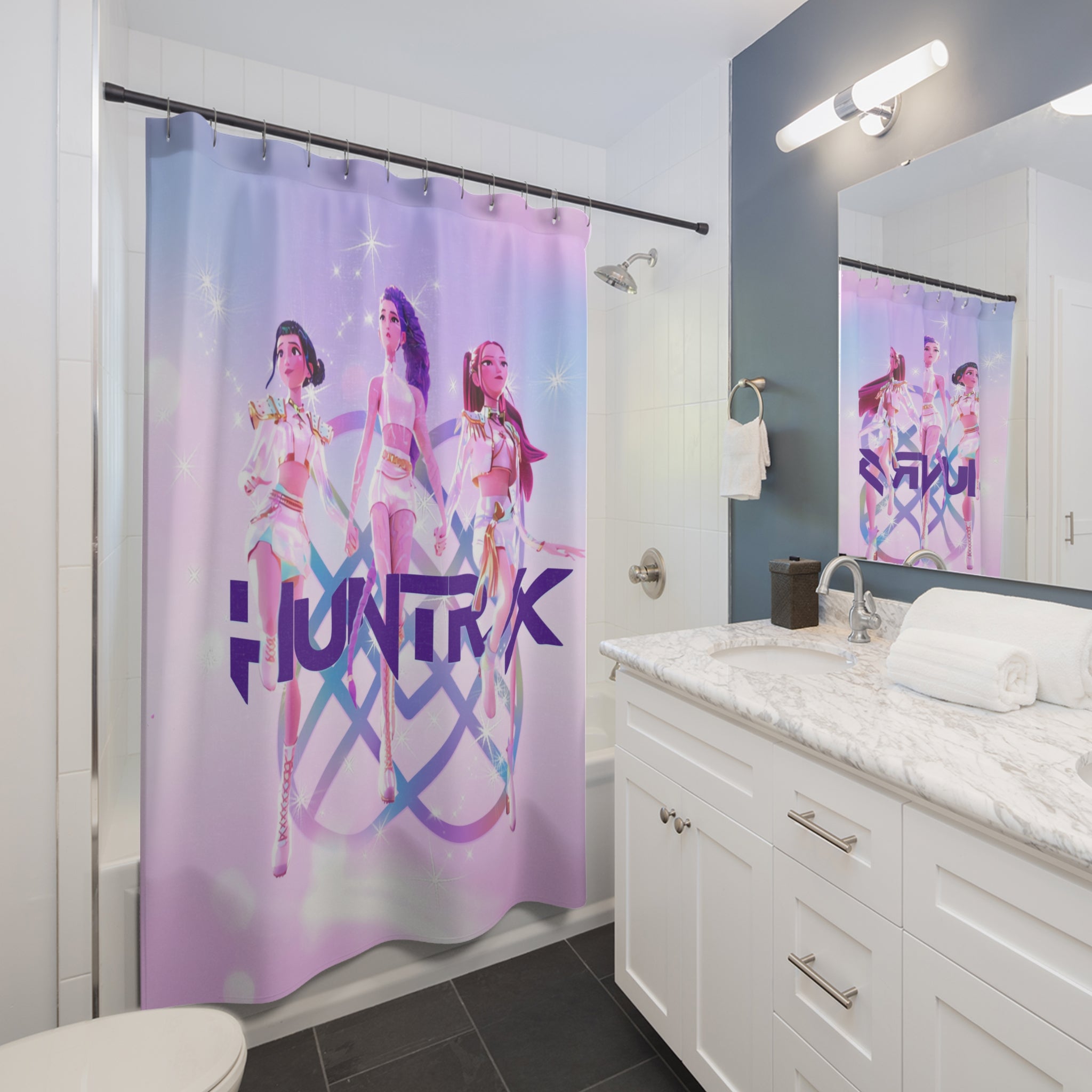 K-Pop Inspired Girl Demon Hunter Shower Curtain, Bath Decor, Colorful Bathroom Curtain, Dark Fantasy Idol Illustration