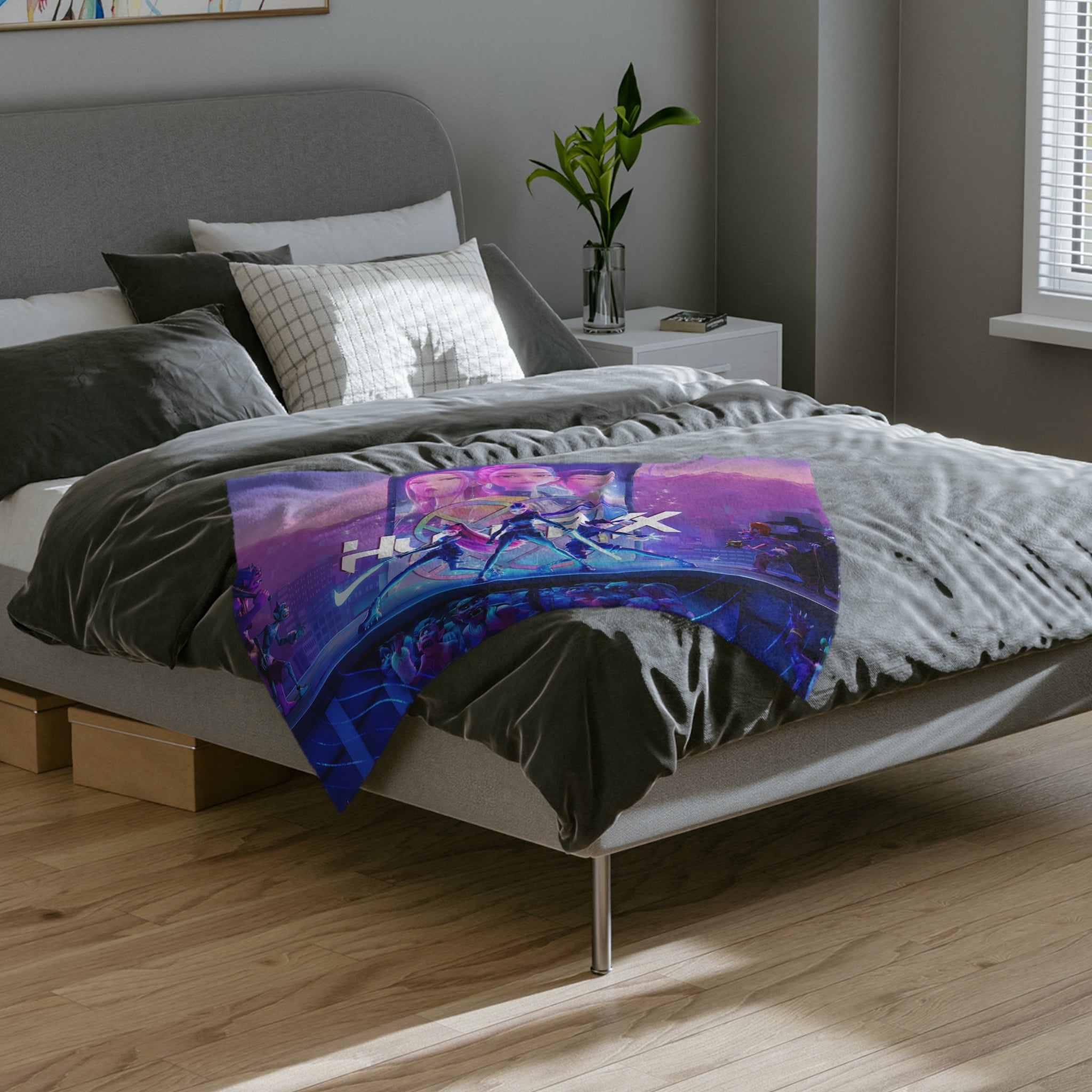 Velveteen Microfiber Blanket K-Pop Inspired Girl Demon Hunter, Dark Fantasy Idol Illustration, Gift, Fans