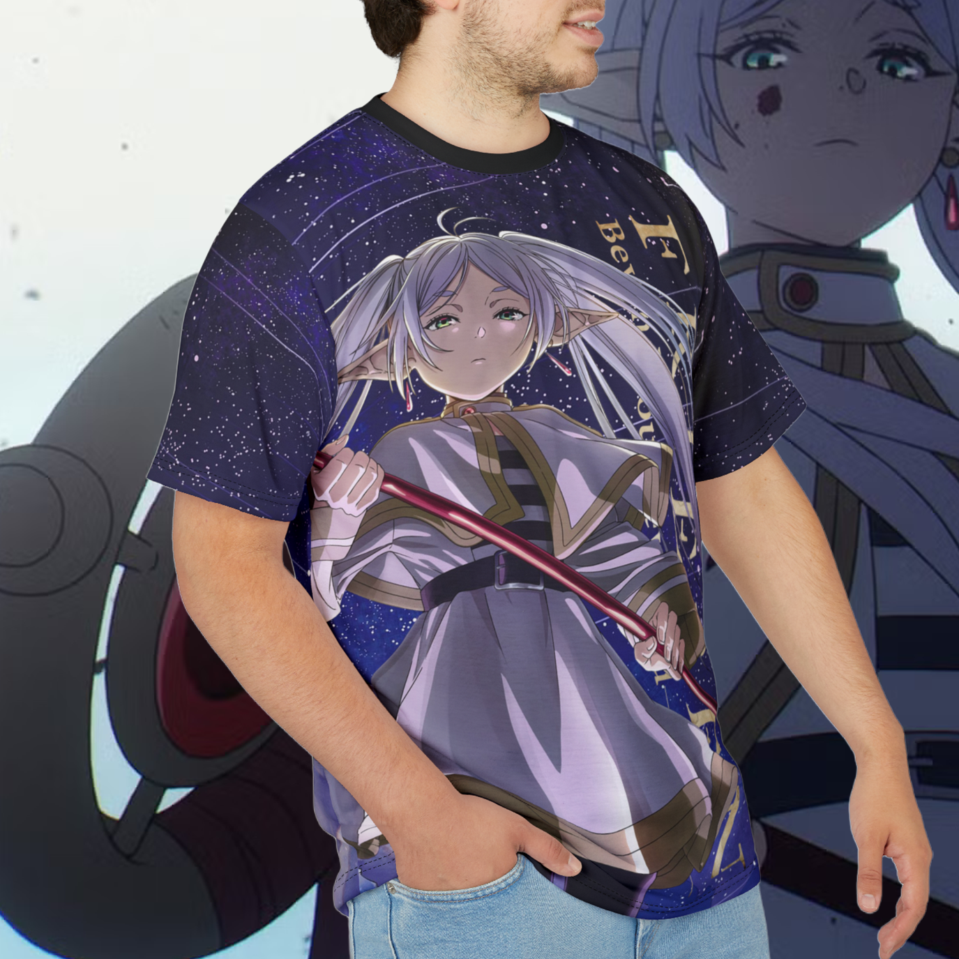 Fantasy Elf Mage, Beyond the Adventure,  Anime, Unisex Cut & Sew Tee (AOP) Eternal Journey Fantasy